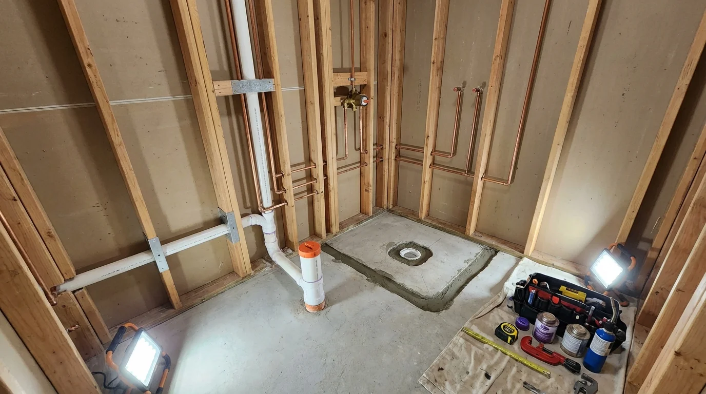 Bathroom rough-in plumbing during remodel by Johns Plumbing LLC in Highland