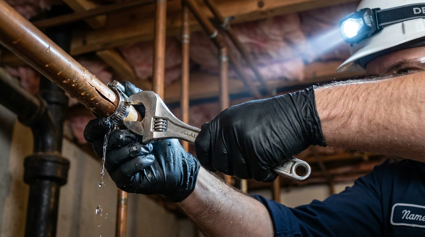 Emergency pipe clamp repair being performed by a Johns Plumbing LLC plumber in Highland