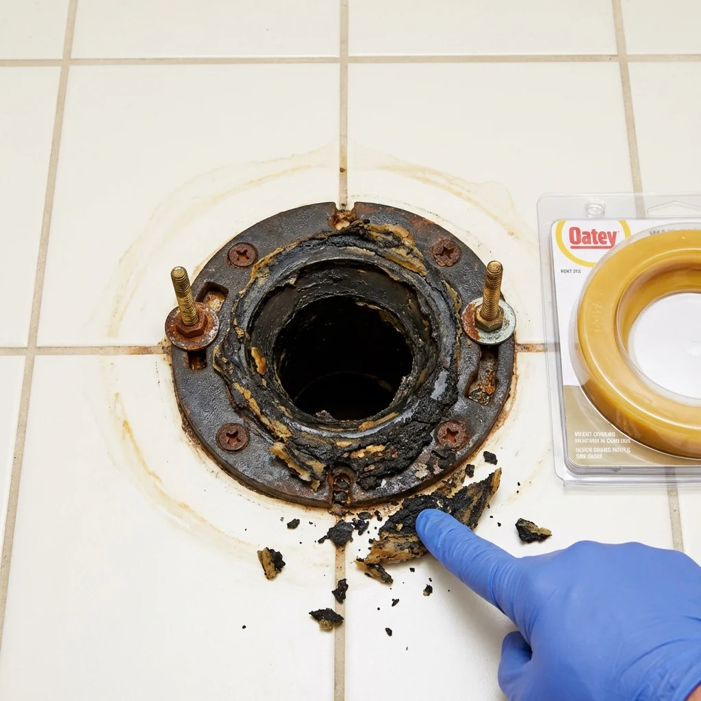 Failed wax ring showing water seepage at the base of a toilet in a Highland, IN home